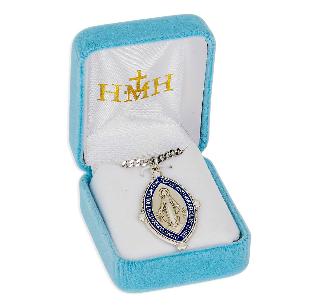 Sterling Silver Almond Shape Miraculous Medal W/ Blue Epoxy & Cross Tipped Edging -24"Ch-Bxd