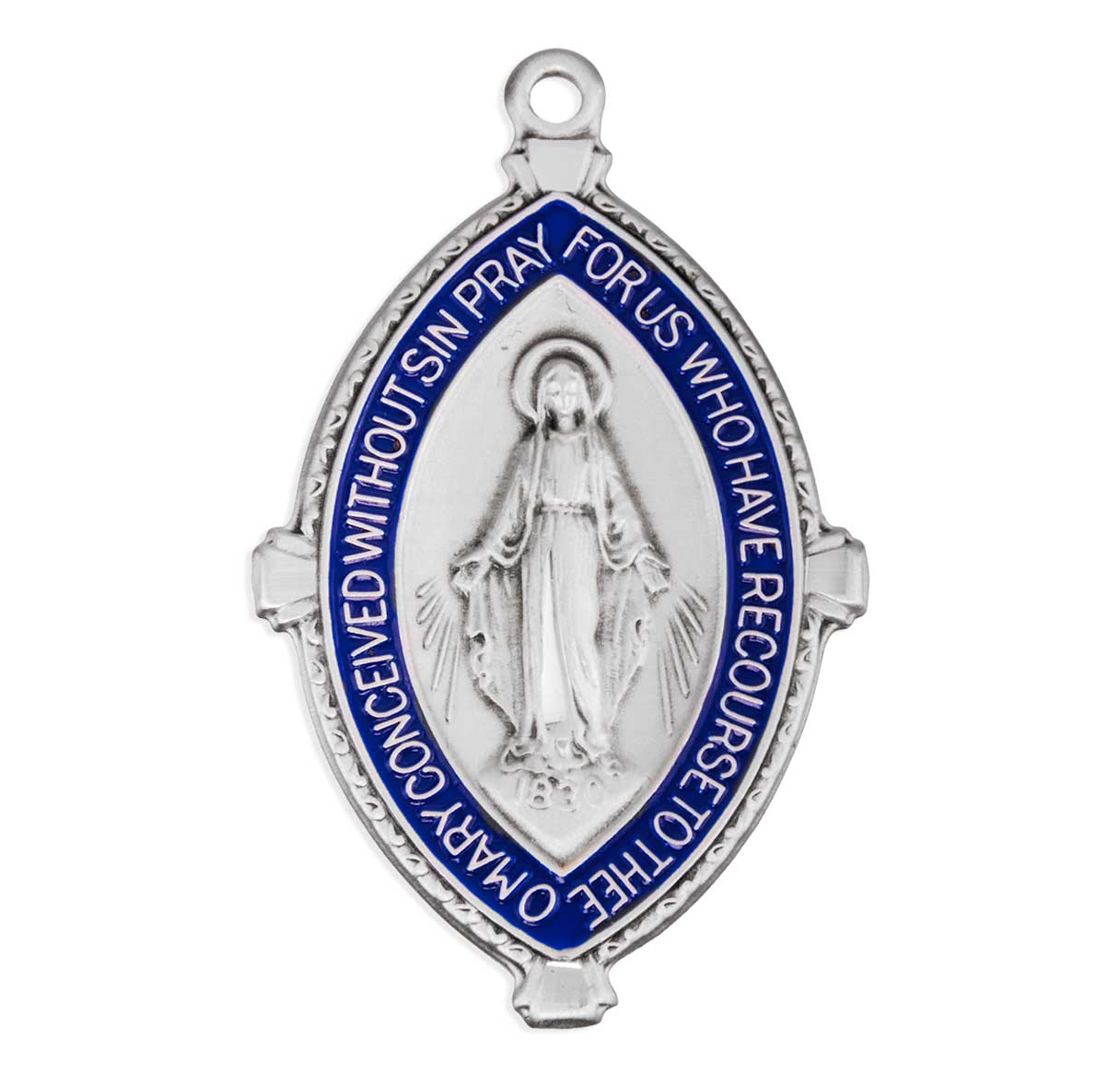 Sterling Silver Almond Shape Miraculous Medal W/ Blue Epoxy & Cross Tipped Edging -24"Ch-Bxd
