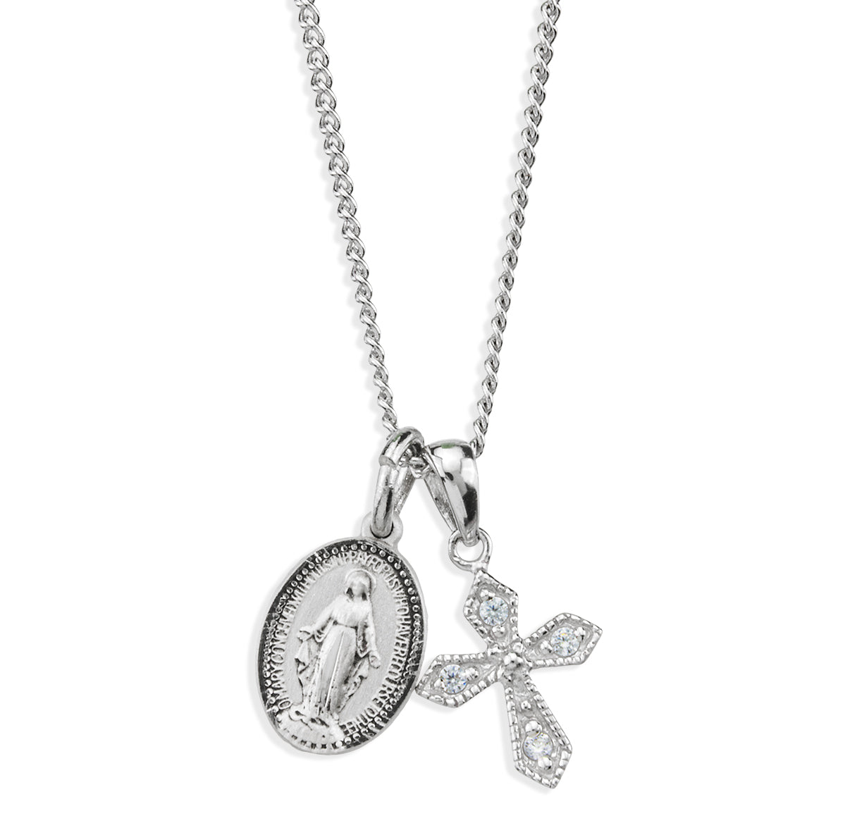 Sterling Silver Miraculous Medal W/Small CZ Cross(Set)-18"Ch (Rhodium Plated Thin)-Bxd-(S3114/Z3910)