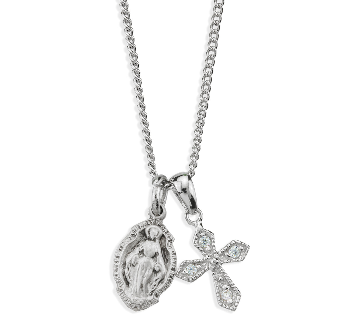 Sterling Silver Miraculous Medal W/Small CZ Cross(Set)-18"Ch (Rhodium Plated Thin)