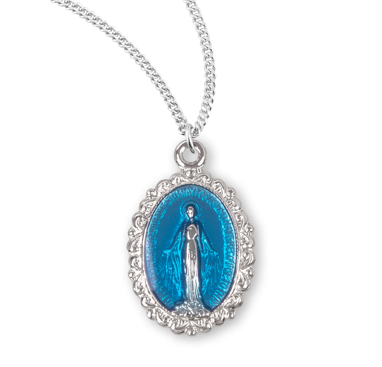 Sterling Silver Oval Blue Epoxy Miraculous Medal