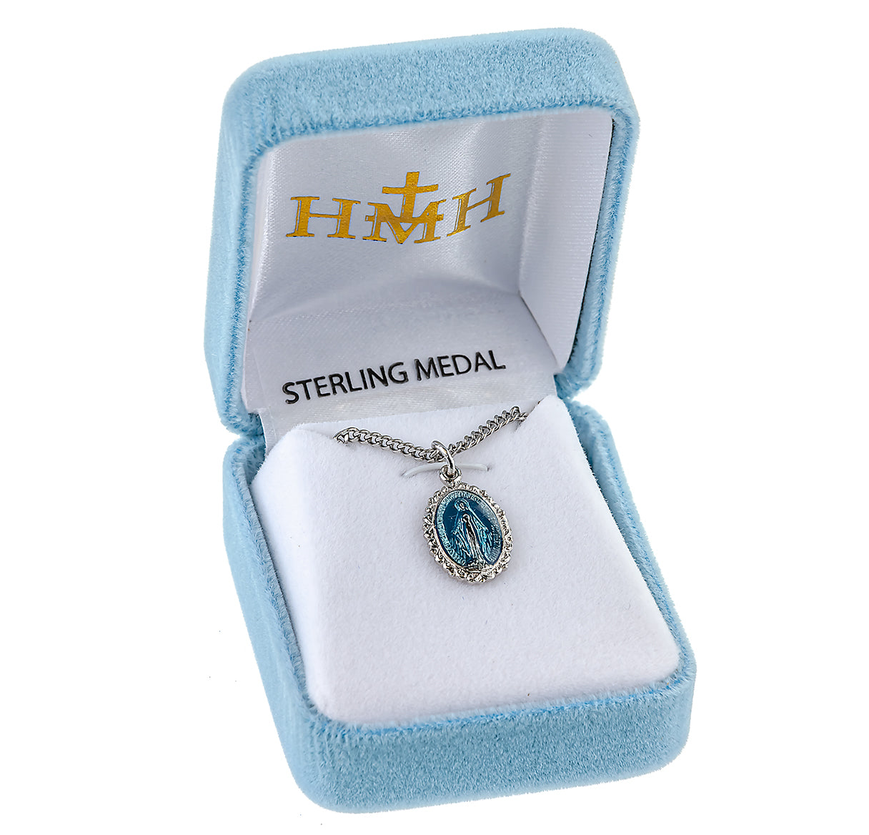 Sterling Silver Blue Small Miraculous Medal-13" Ch-Bxd