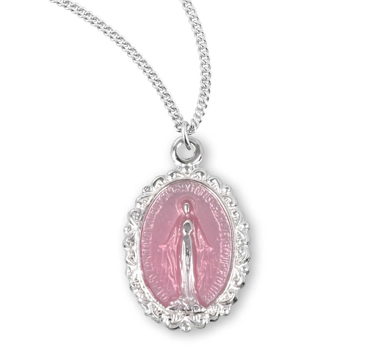 Sterling Silver Oval Pink Epoxy Miraculous Medal