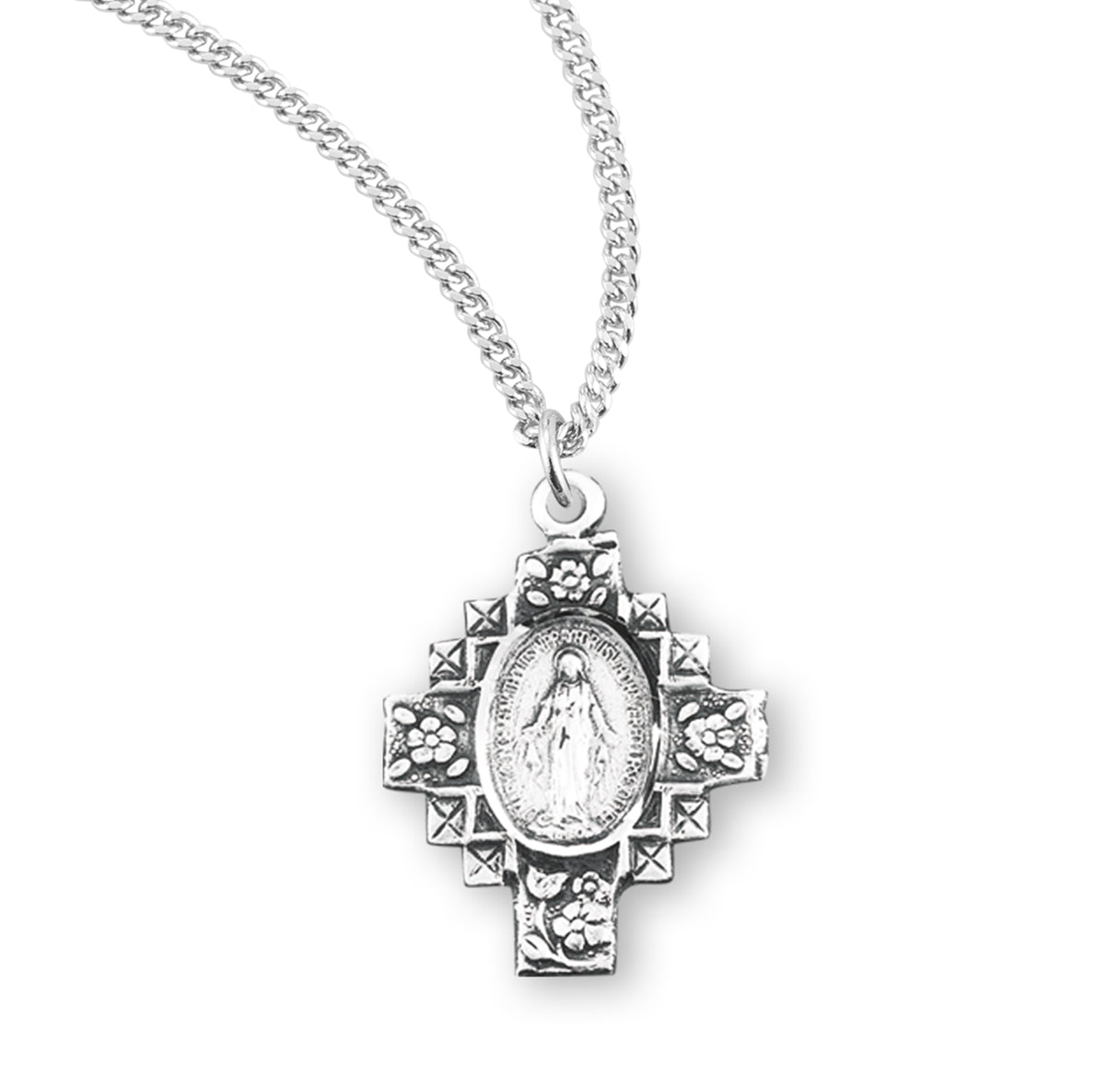 Sterling Silver Fancy Miraculous Medal w/Flower Edges 20" Ch-Bxd
