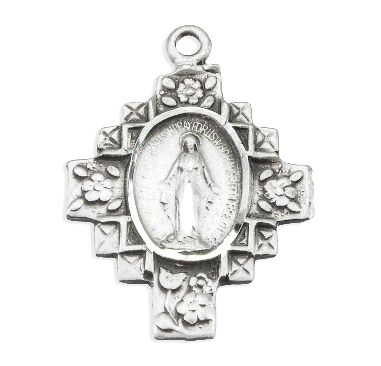 Sterling Silver Fancy Miraculous Medal w/Flower Edges 20" Ch-Bxd