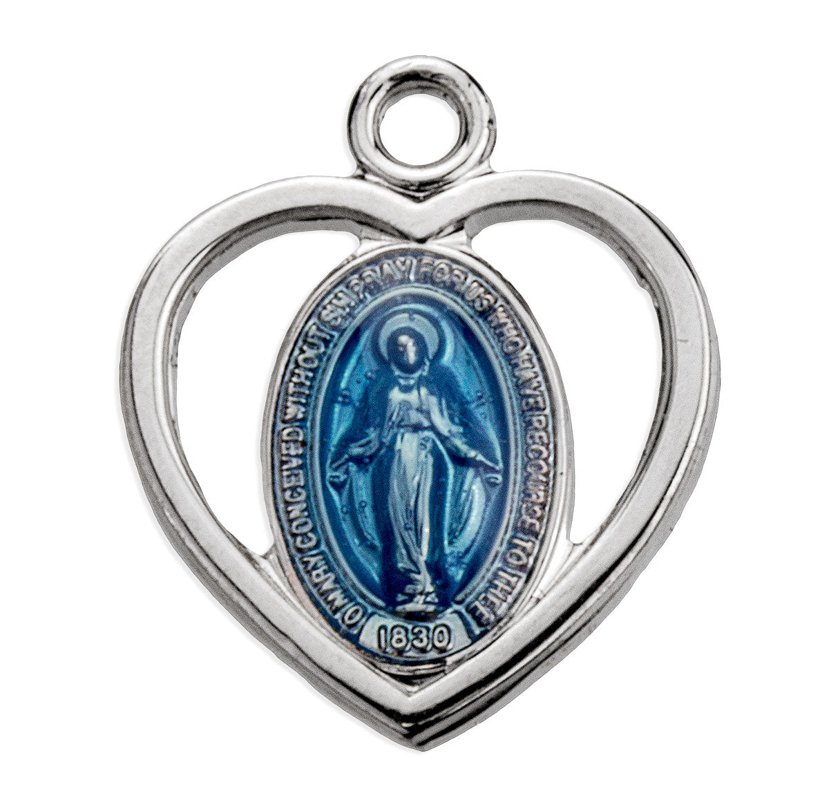 Sterling Silver Tiny Pierced Blue Miraculous Heart Medal-16" Ch-Bxd