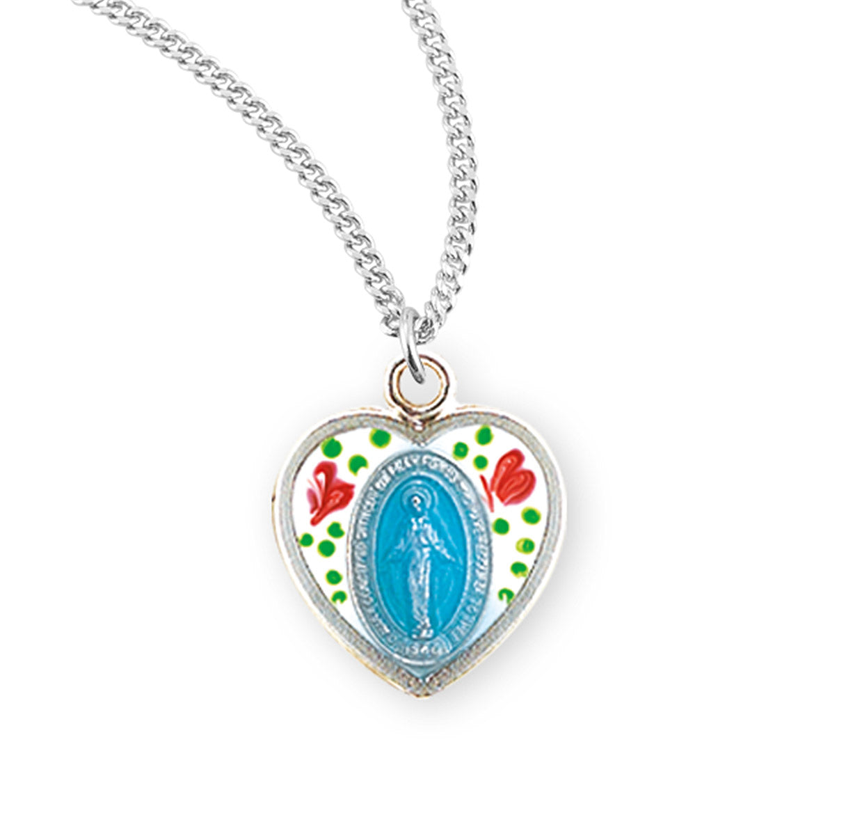 Sterling Silver Flower Epoxy Heart Shape Miraculous Medal