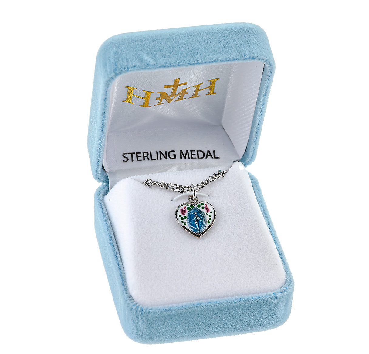 Sterling Silver Flower Epoxy Heart Shape Miraculous Medal