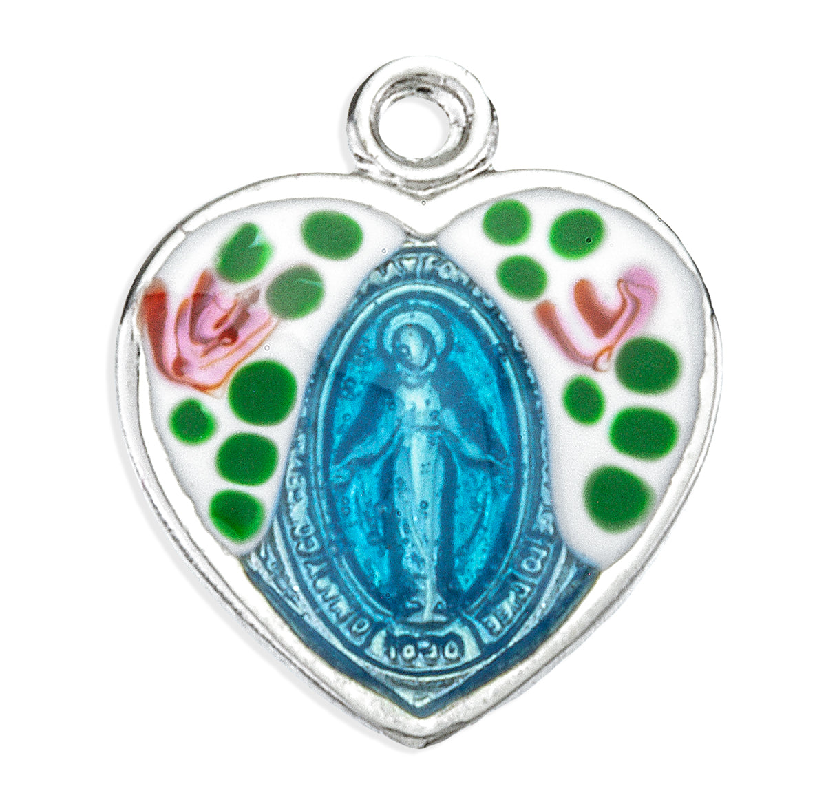 Sterling Silver Flower Epoxy Heart Shape Miraculous Medal