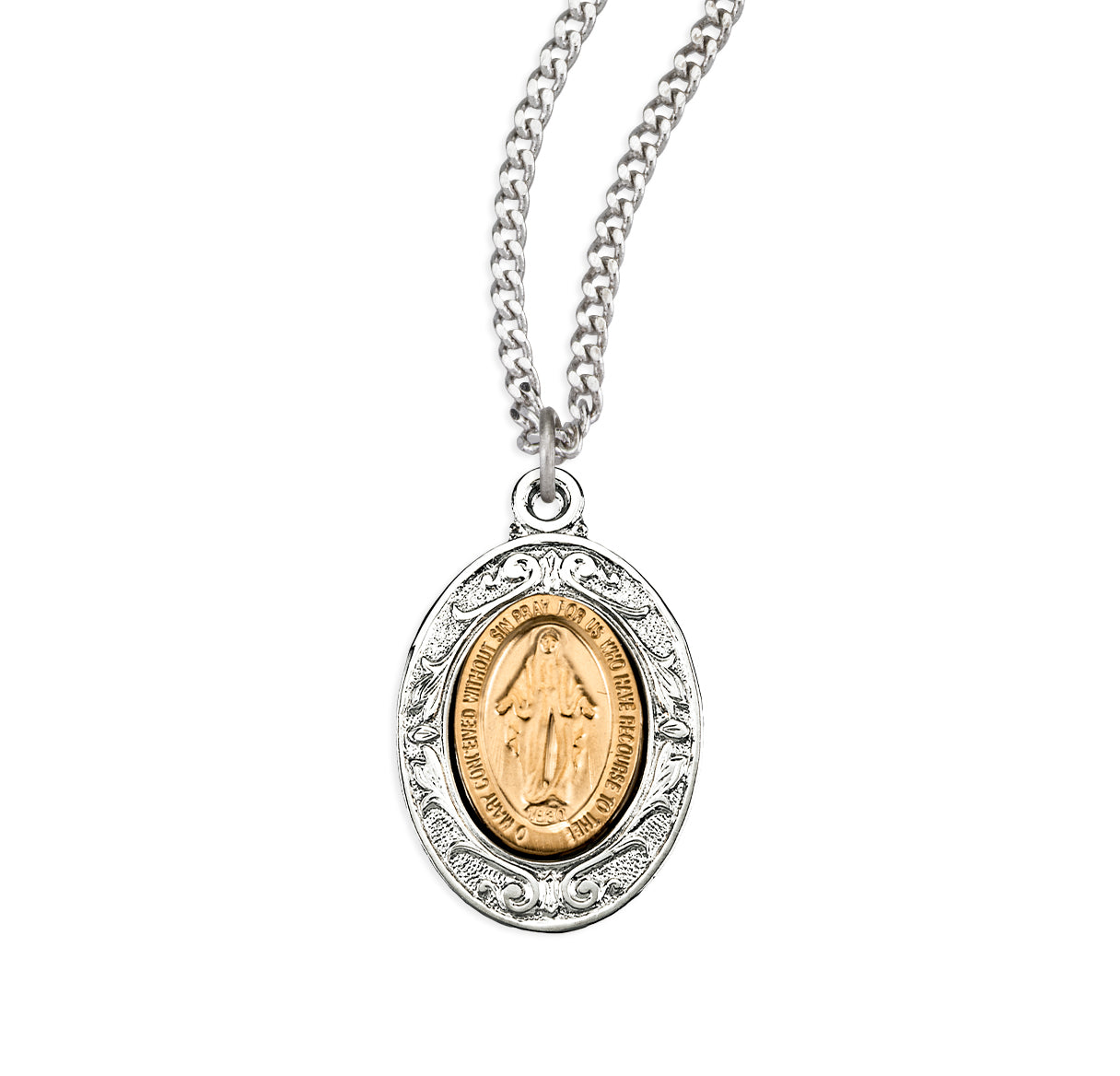 Gold Over Sterling Miracoulas Medal W/ Sterling Rhodium Plated Fancy Setting-18" Ch-Bxd