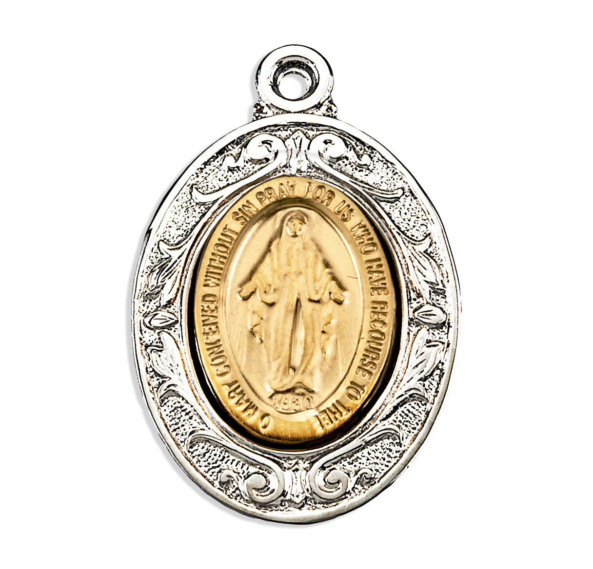 Gold Over Sterling Miracoulas Medal W/ Sterling Rhodium Plated Fancy Setting-18" Ch-Bxd