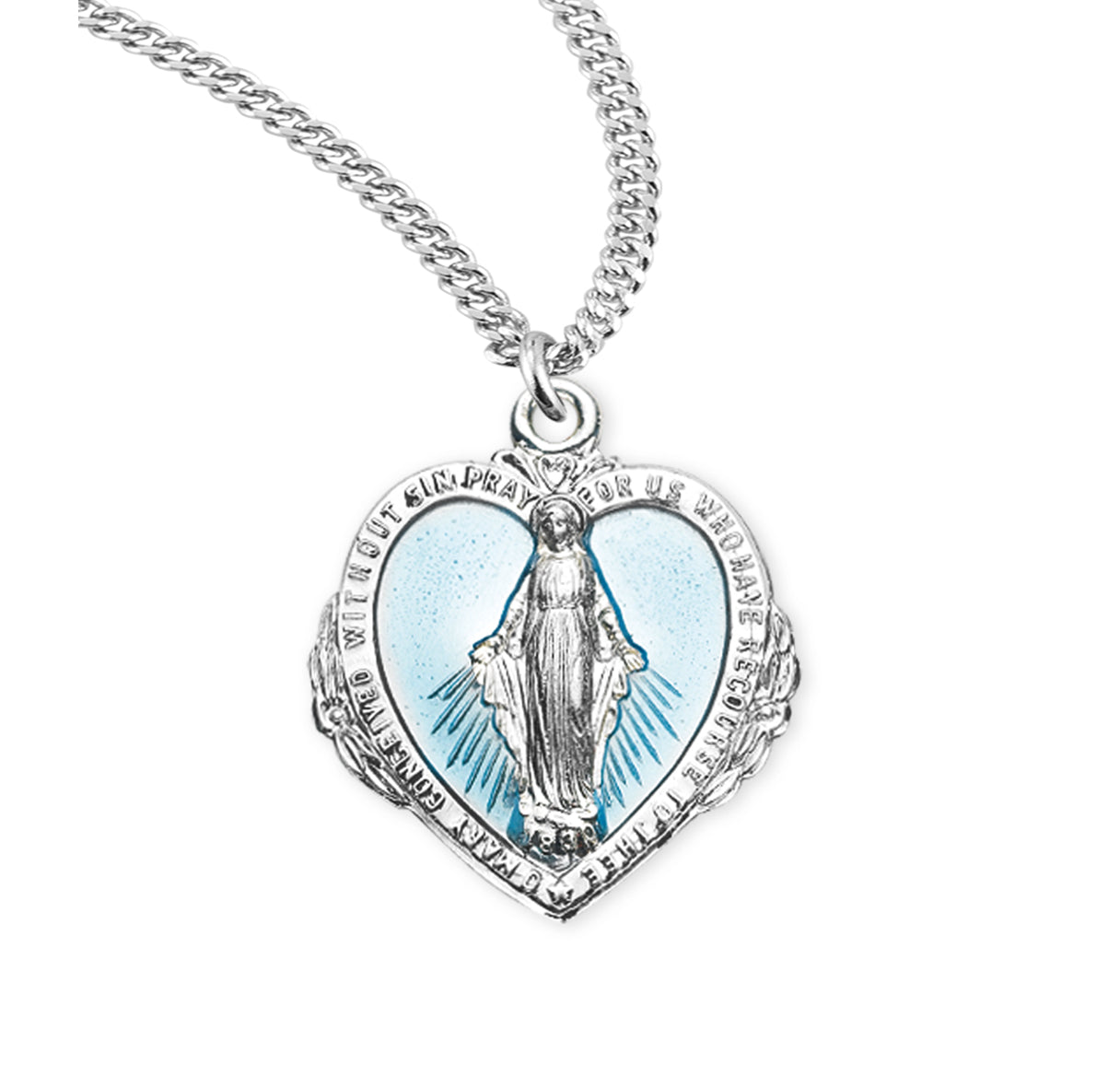 Sterling Silver Blue Epoxy Heart Shape Miraculous Medal
