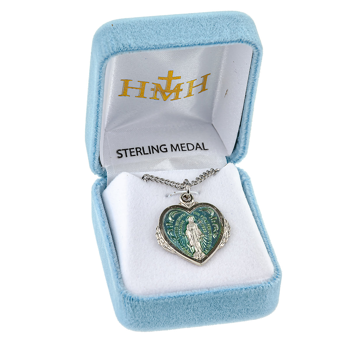 Sterling Silver Blue Epoxy Heart Shape Miraculous Medal