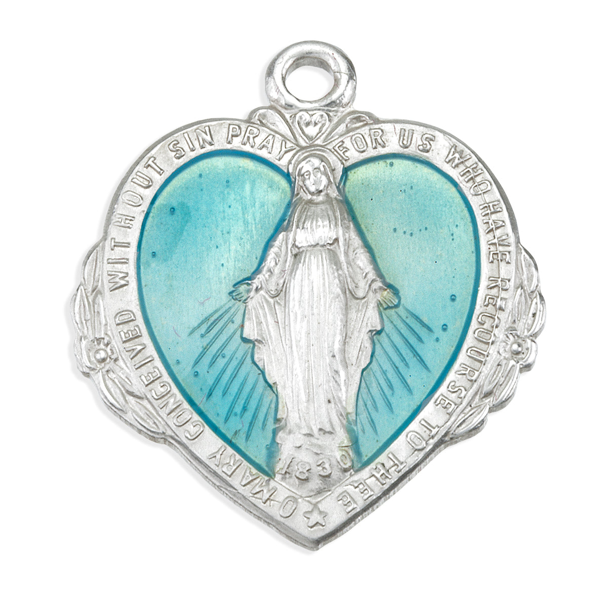 Sterling Silver Blue Epoxy Heart Shape Miraculous Medal
