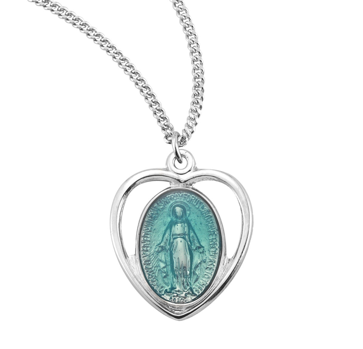 Sterling Silver blue Enameled pierced miraculous heart-18"