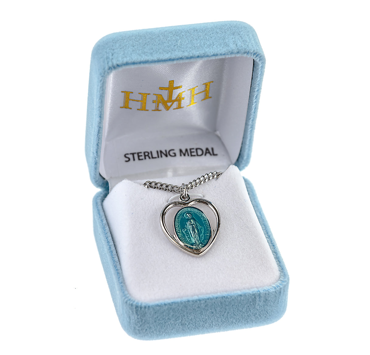 Sterling Silver blue Enameled pierced miraculous heart-18"