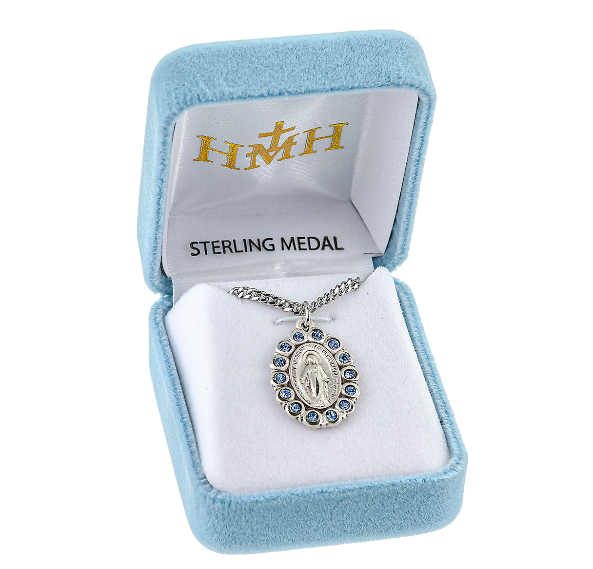 Sterling Silver Oval Miraculous Medal Set with Light Sapphire Crystals
