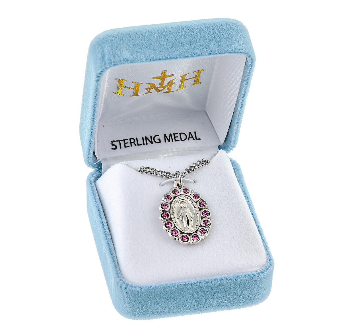 Sterling Silver Oval Miraculous Medal Set with Pink Crystals