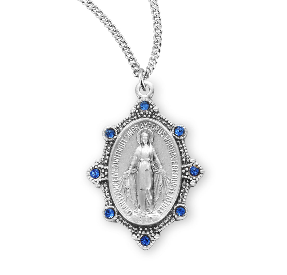 Sterling Silver Oval Miraculous Medal Set with Light Sapphire Crystals