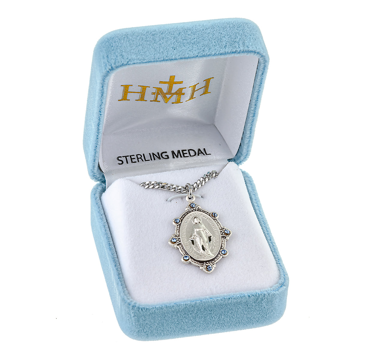 Sterling Silver Oval Miraculous Medal Set with Light Sapphire Crystals