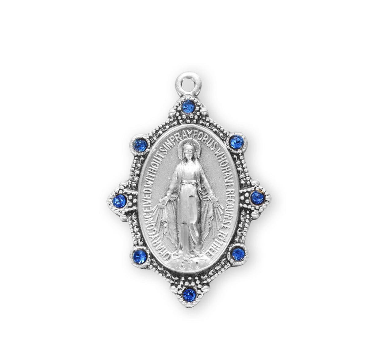 Sterling Silver Oval Miraculous Medal Set with Light Sapphire Crystals