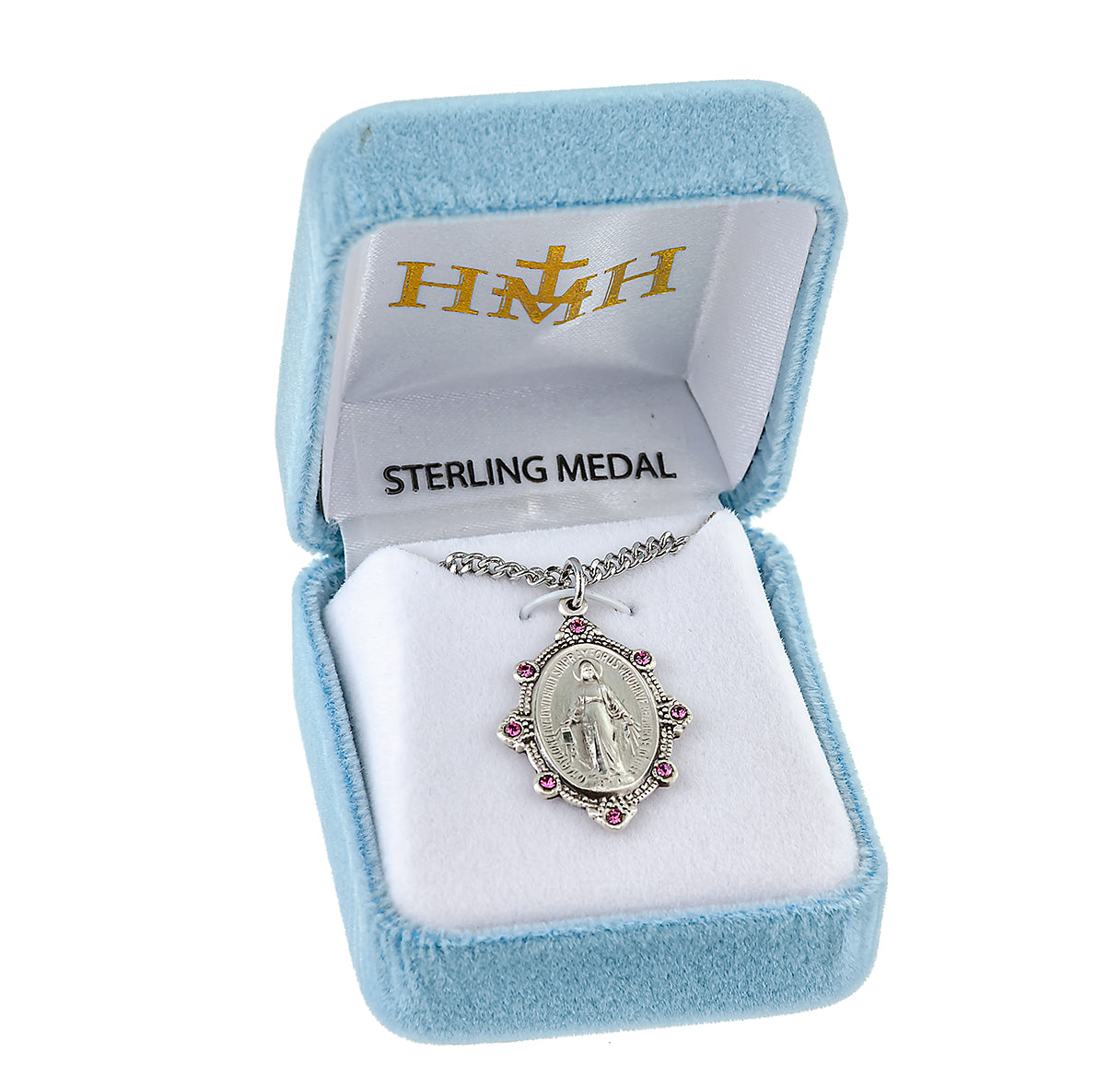 Sterling Silver Oval Miraculous Medal Set with Pink Crystals