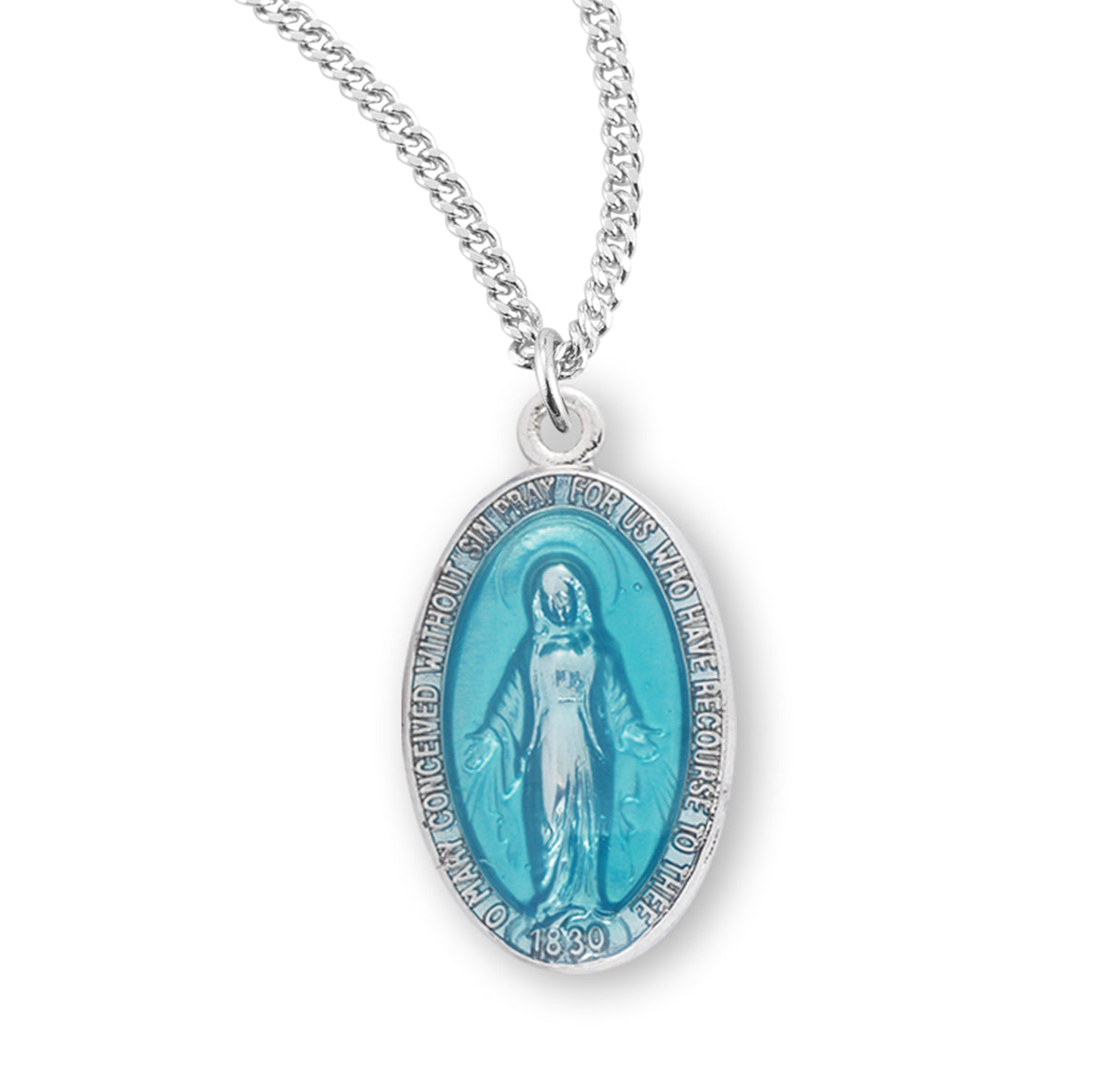 Sterling Silver Oval Blue Epoxy Miraculous Medal