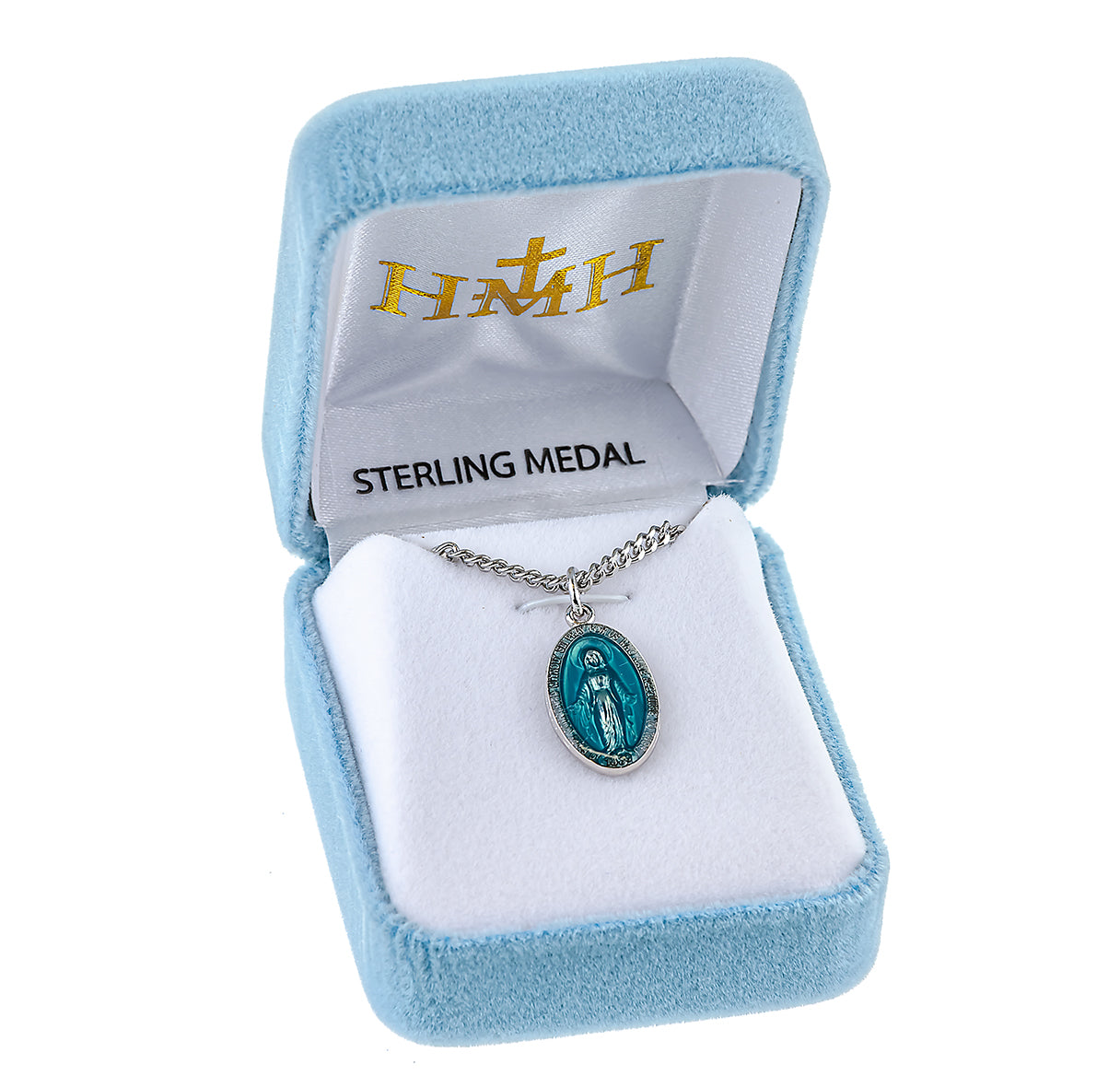 Sterling Silver Oval Blue Epoxy Miraculous Medal