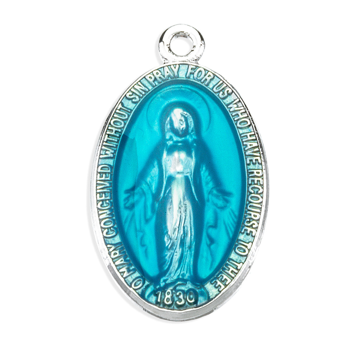 Sterling Silver Oval Blue Epoxy Miraculous Medal