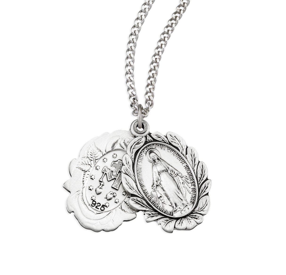 Sterling Silver Double Slide Rose Bud Miraculous Medal 20"
