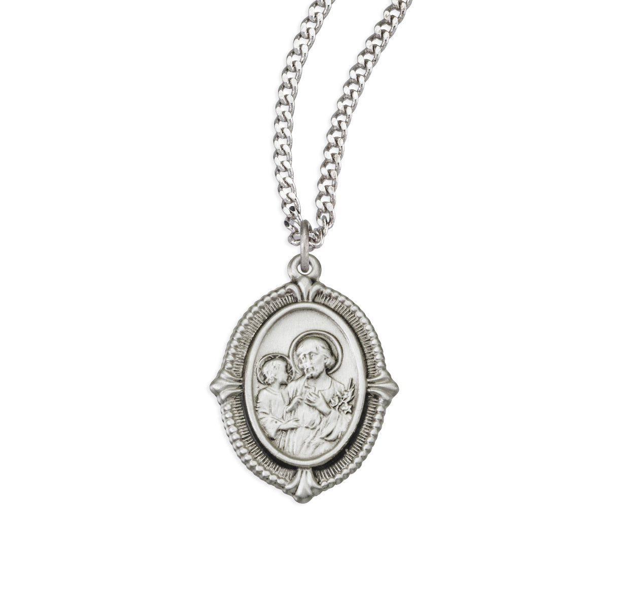 Sterling Silver St. Joseph & Child Jesus Medal W/ Beaded Edging & Floret Tips-  "-18"-Bxd