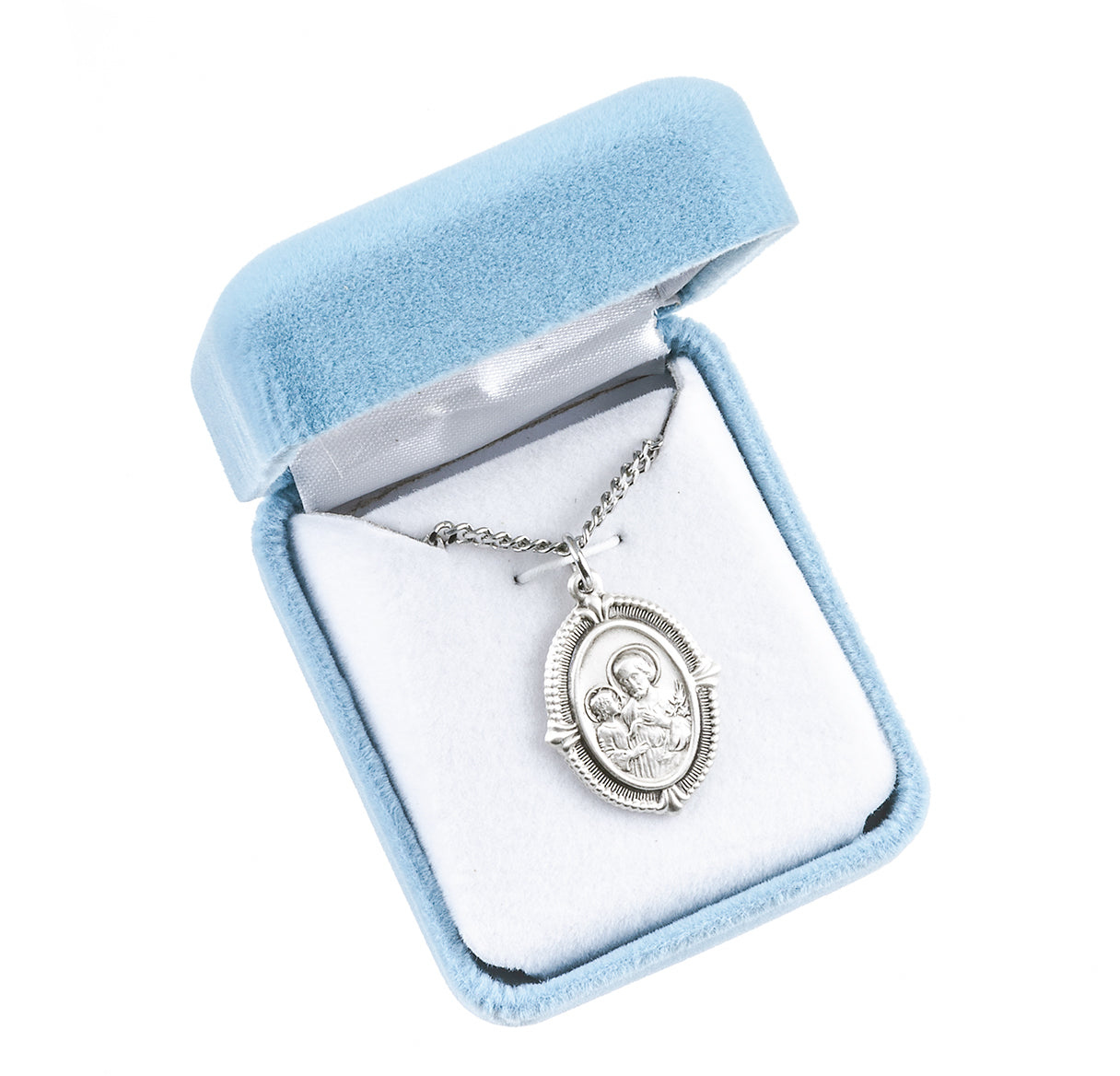 Sterling Silver St. Joseph & Child Jesus Medal W/ Beaded Edging & Floret Tips-24" Ch-Bxd