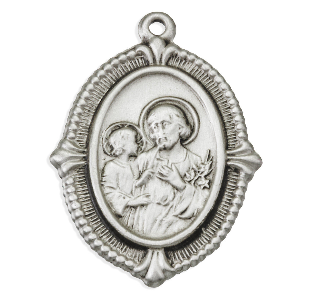 Sterling Silver St. Joseph & Child Jesus Medal W/ Beaded Edging & Floret Tips-24" Ch-Bxd