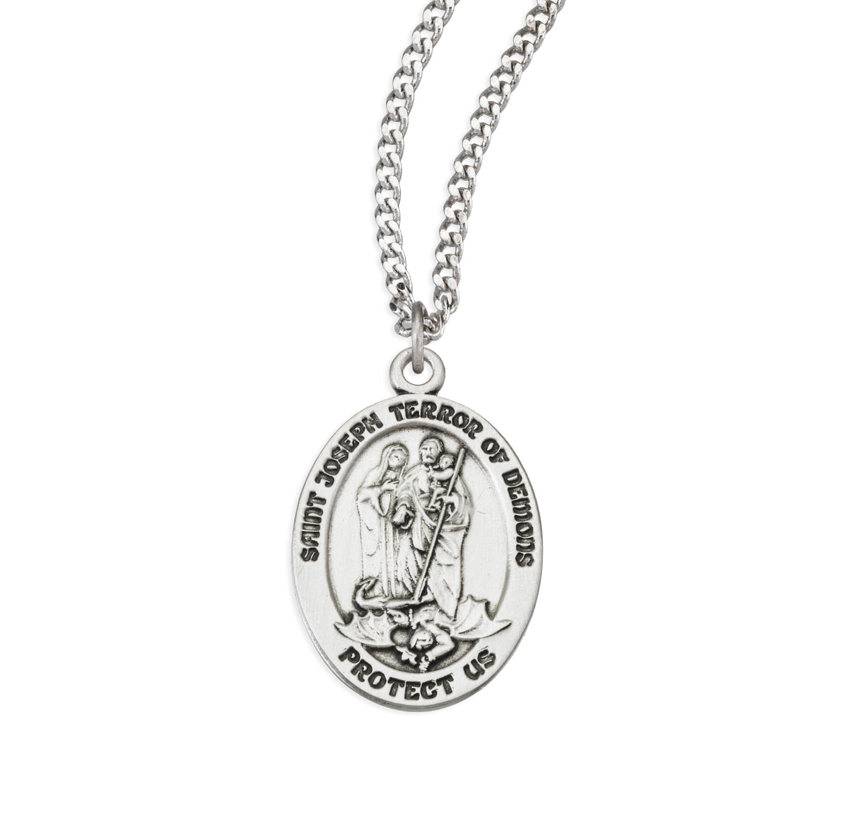 Sterling Silver Lg Oval St Joseph Terror of Demons W/Madonna & Jesus Medal 18" Ch-Bxd
