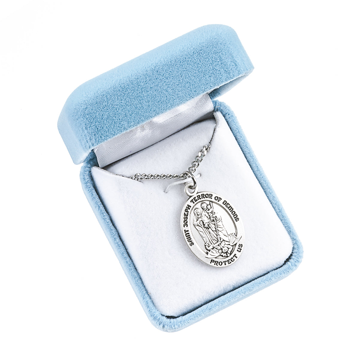 Sterling Silver Lg Oval St Joseph Terror of Demons W/Madonna & Jesus Medal-24" Ch-Bxd