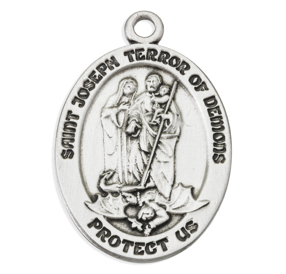 Sterling Silver Lg Oval St Joseph Terror of Demons W/Madonna & Jesus Medal-24" Ch-Bxd