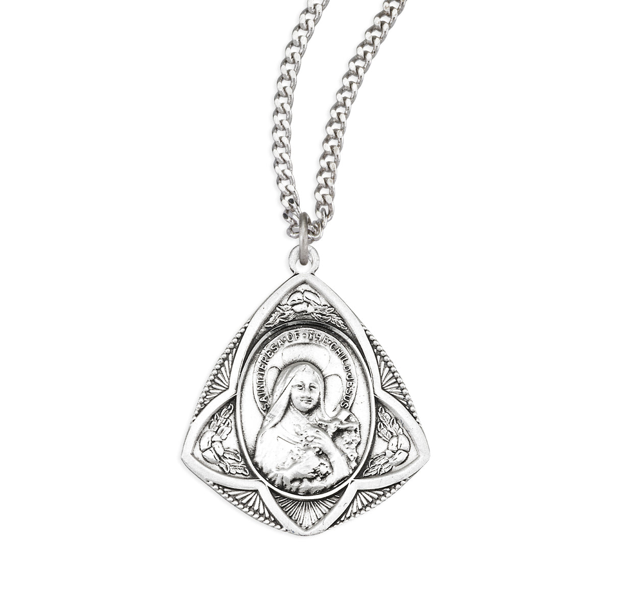 Sterling Silver St. Therese Quadangle Arch Medal W/ O.L. Mt Carmel Back- 20" Ch-Bxd