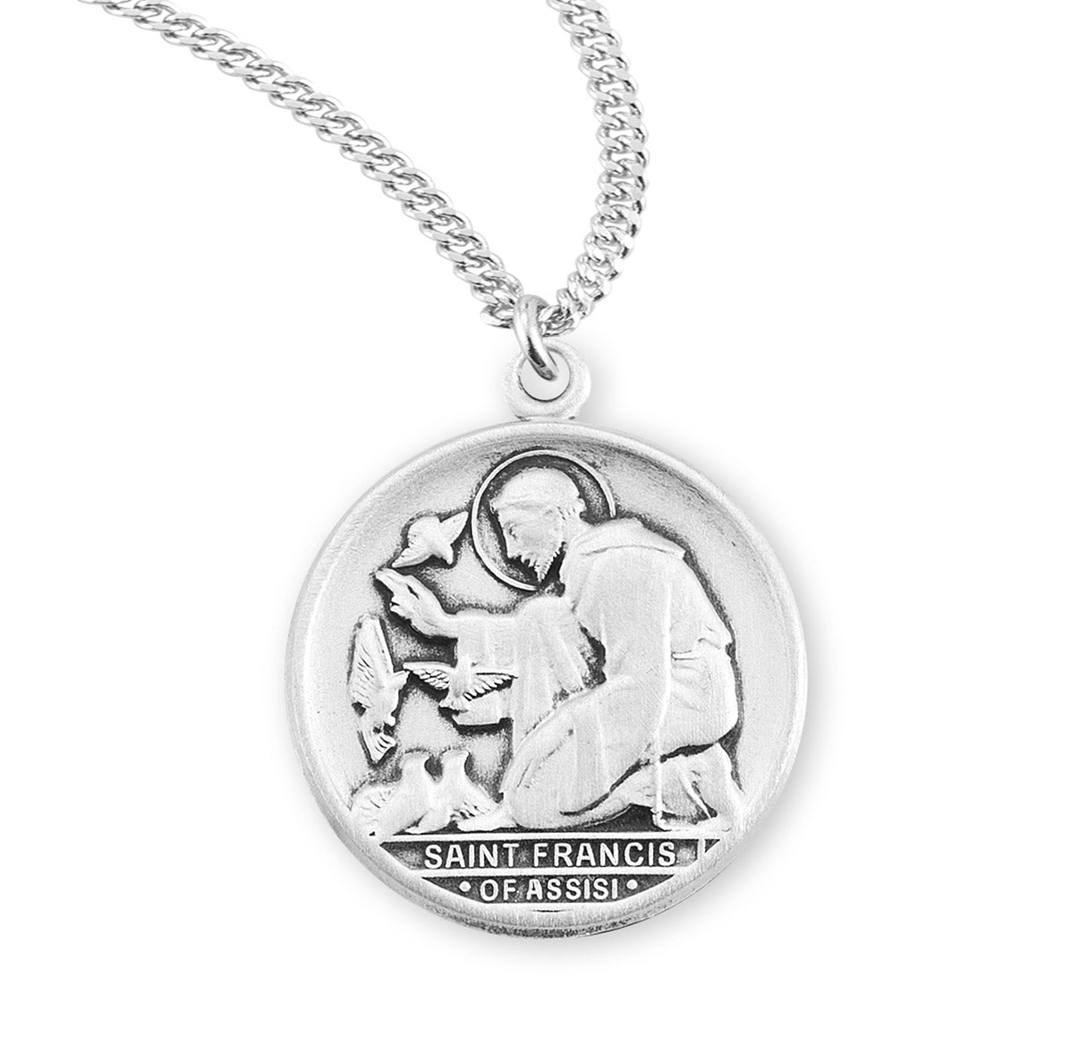 St. Francis of Assisi with birds round 13/16" Sterling Silver Medal w/18" Ch-Bxd
