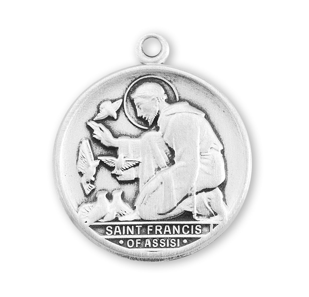 St. Francis of Assisi with birds round 13/16" Sterling Silver Medal w/18" Ch-Bxd