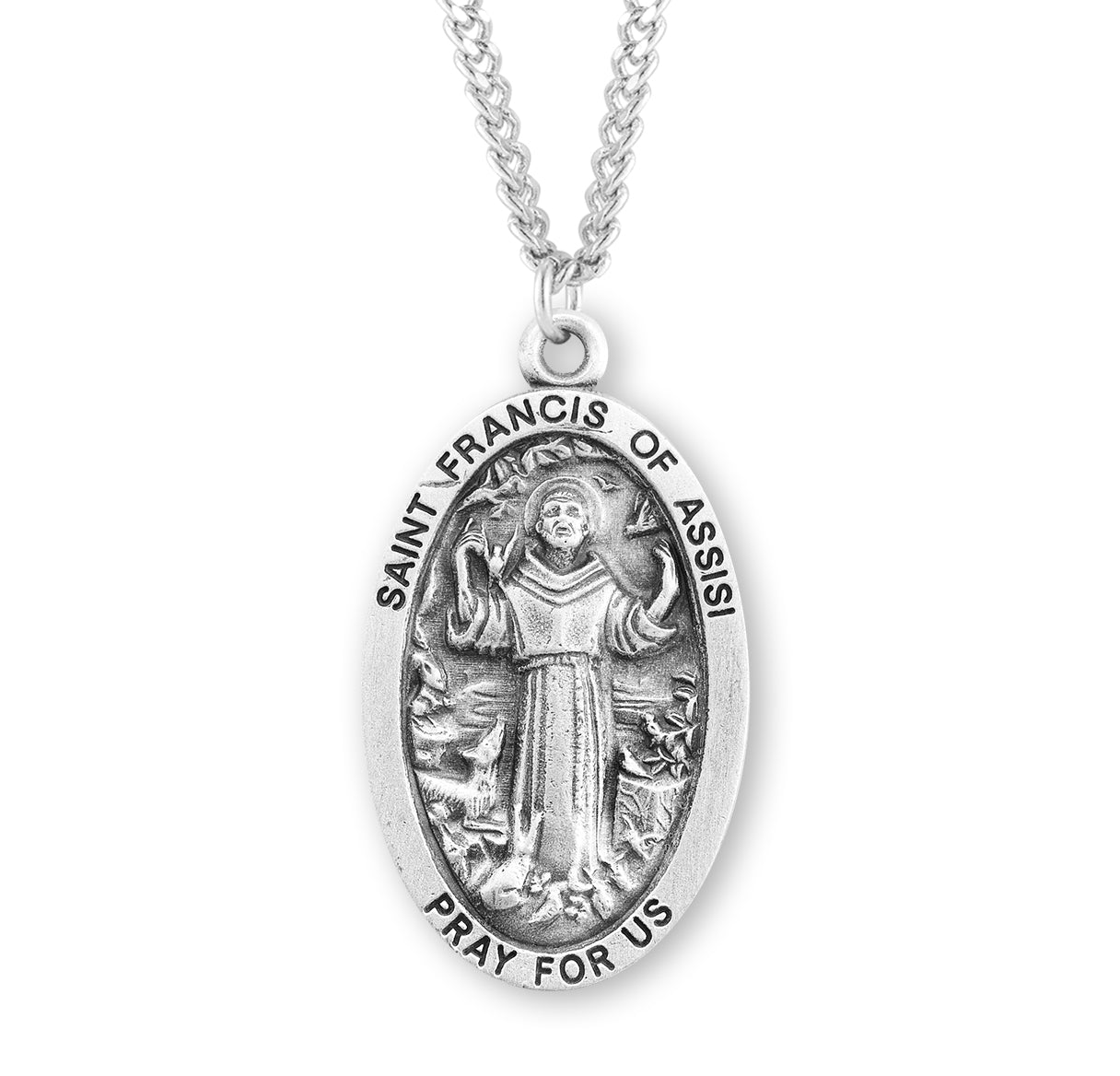 Sterling silver St. Francis of Assisi with animals oval medal w/ 18" Ch-Bxd