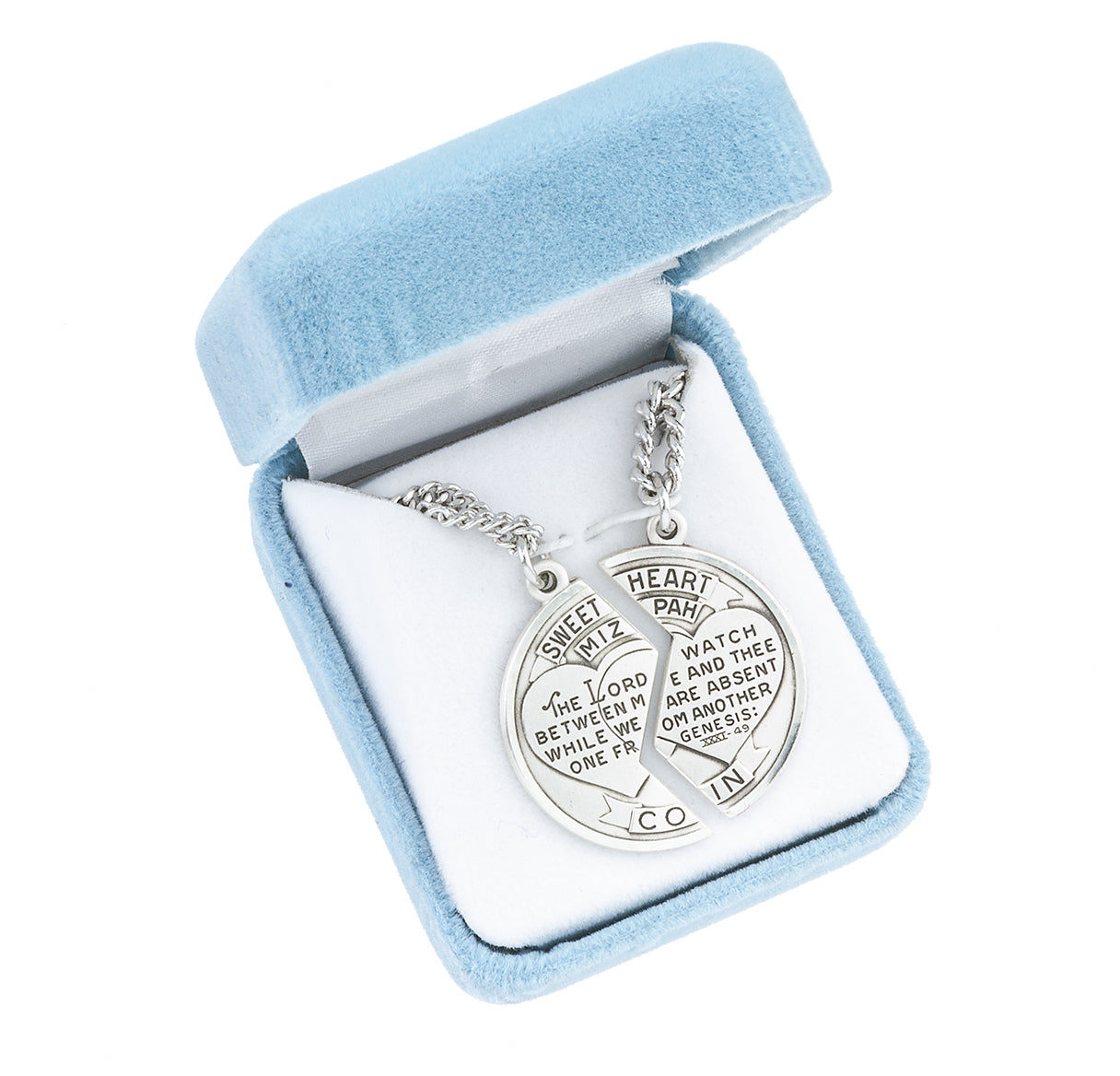 Mizpah His & Hers Heart Together Sterling Medals -18" & 24" Ch-Bxd