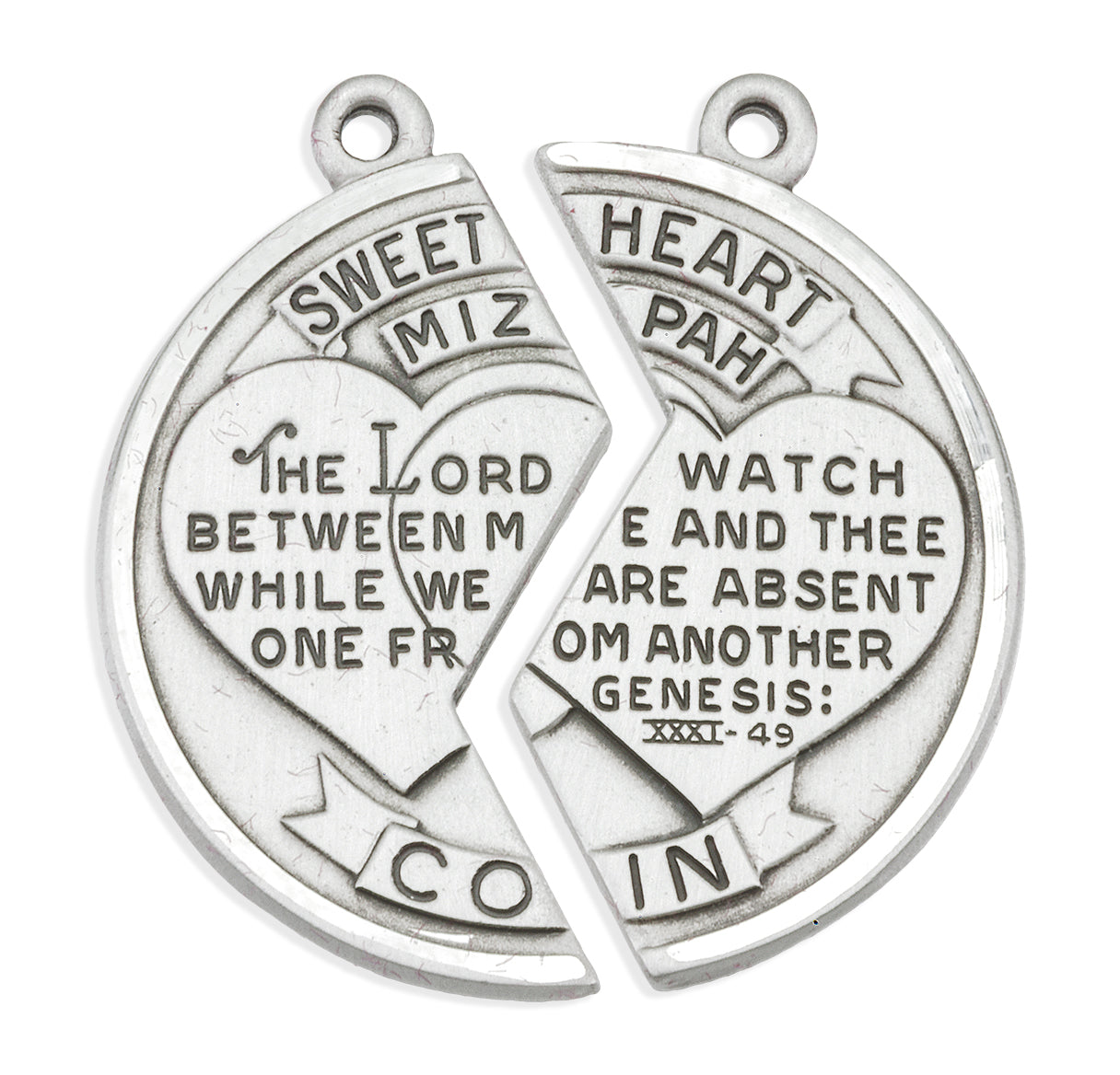 Mizpah His & Hers Heart Together Sterling Medals -18" & 24" Ch-Bxd