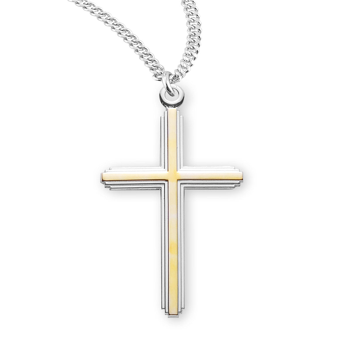 Sterling Silver Lrg. TuTone Inlayed Cross- 18" Ch-Bxd
