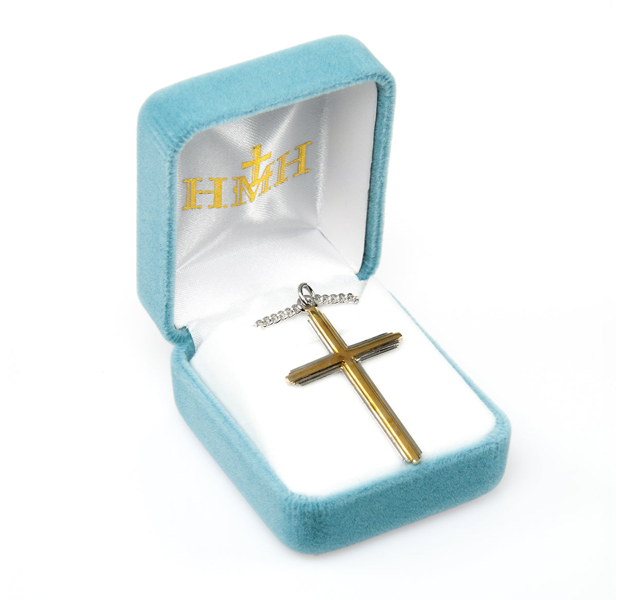 Sterling Silver Lrg. TuTone Inlayed Cross- 18" Ch-Bxd