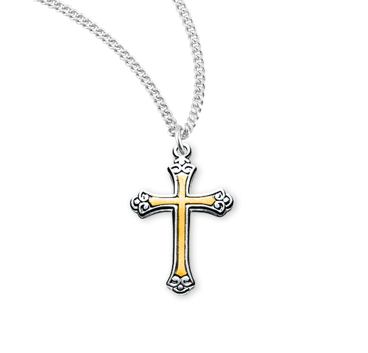Sterling Silver Small Fancy Tu-Tone Cross - 16" Ch-Bxd