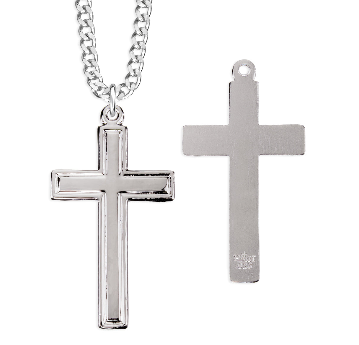 Sterling Silver High Polished Plain Cross W/ Border Latin Style-24"Ch-Bxd