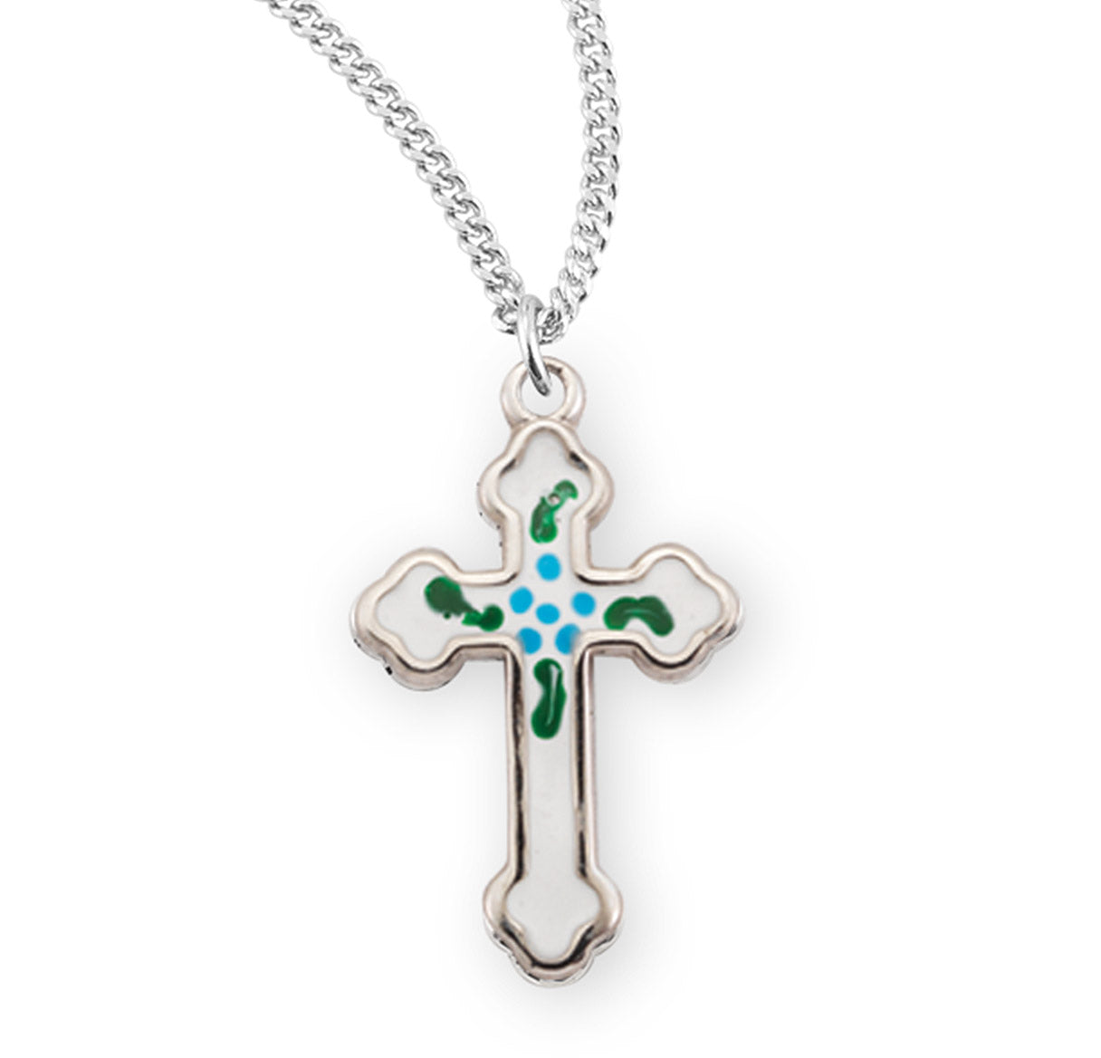 Sterling Silver White Epoxy Budded Latin Style Cross w/Blue Flower on an 20" Ch-Bxd
