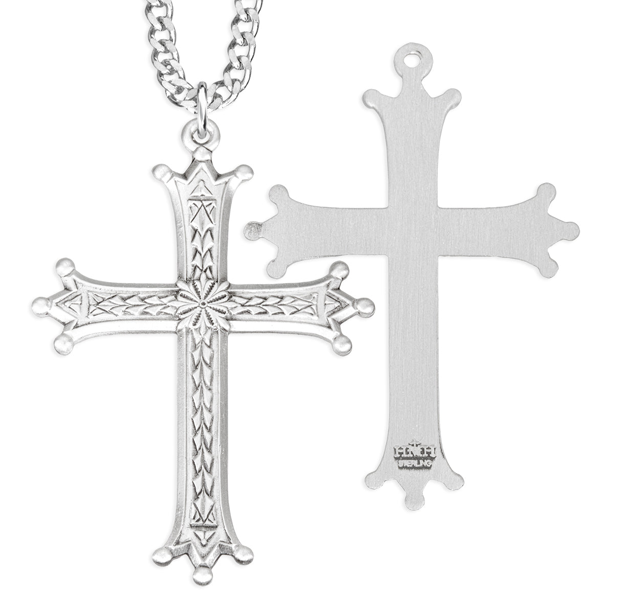 Sterling Silver Latin Style Cross W/ Leaf Deco & Trinity Tipped Ends-24"