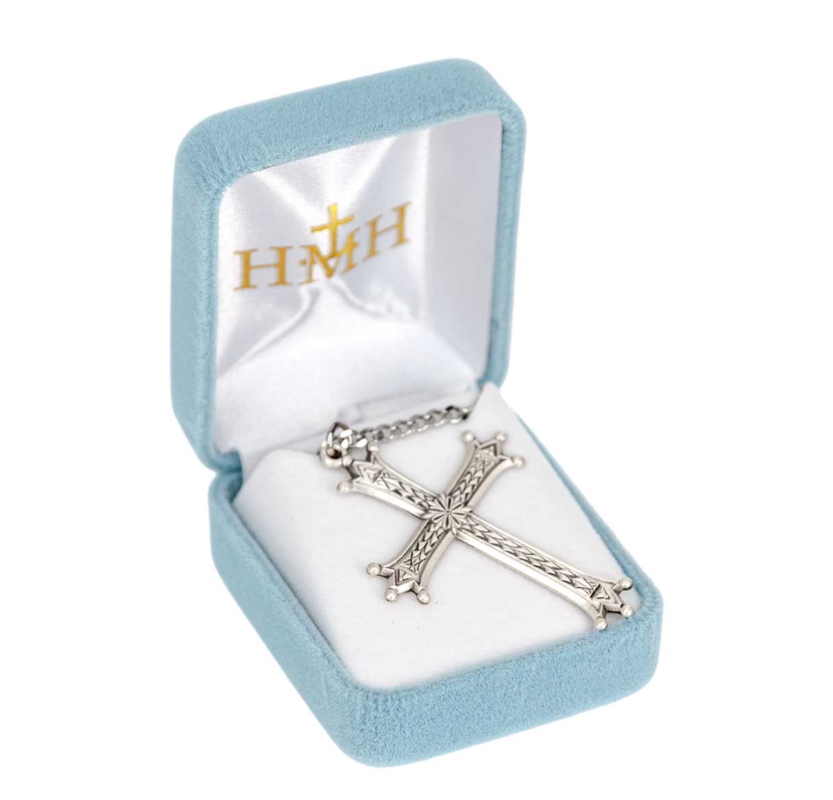 Sterling Silver Latin Style Cross W/ Leaf Deco & Trinity Tipped Ends-24"