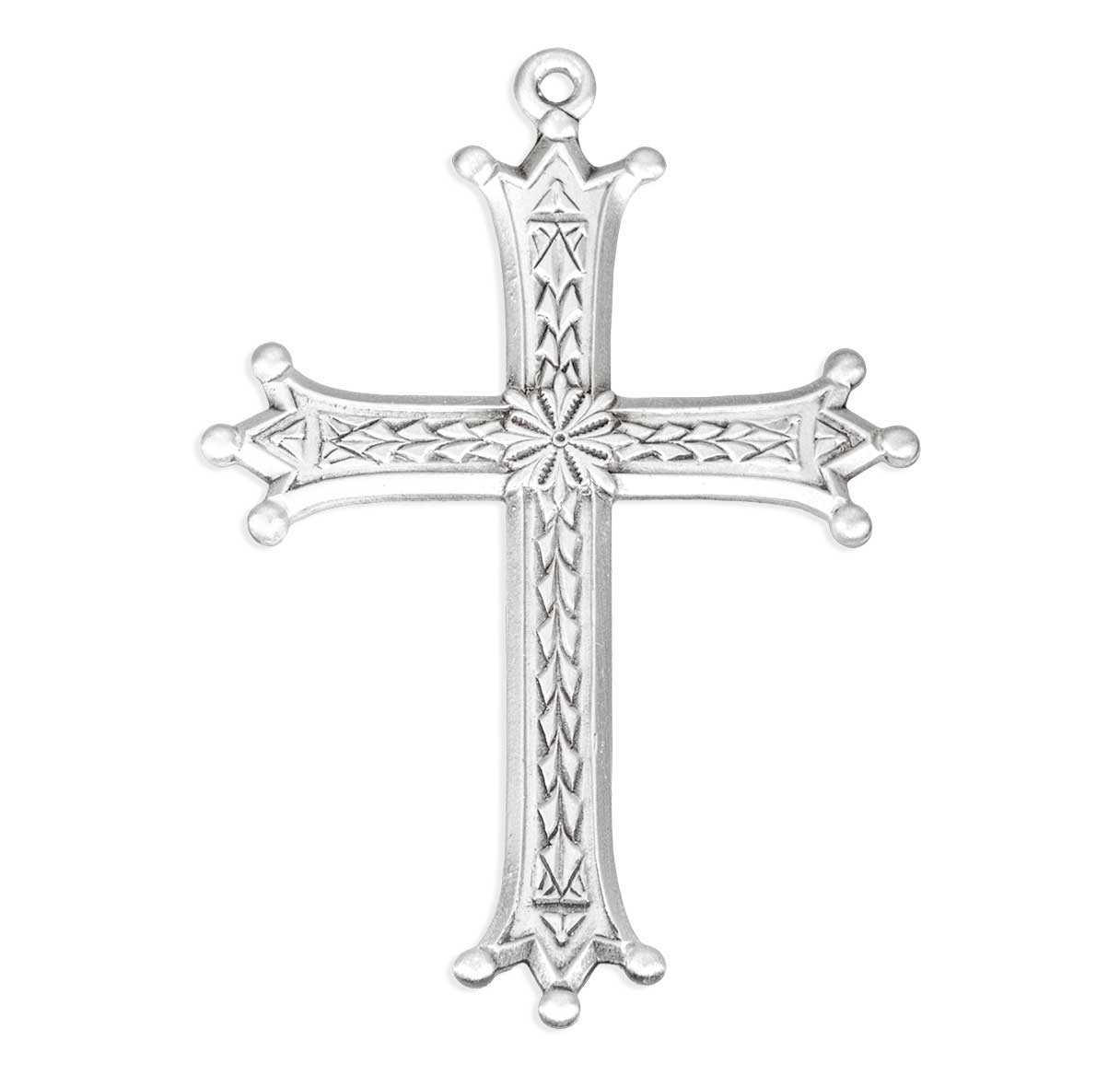 Sterling Silver Latin Style Cross W/ Leaf Deco & Trinity Tipped Ends-24"